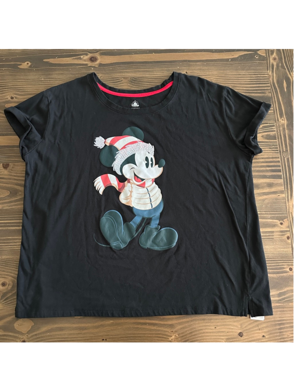 Disney Mickey Mouse Winter Tee Womens 1X Black Sequin Holiday Shirt
